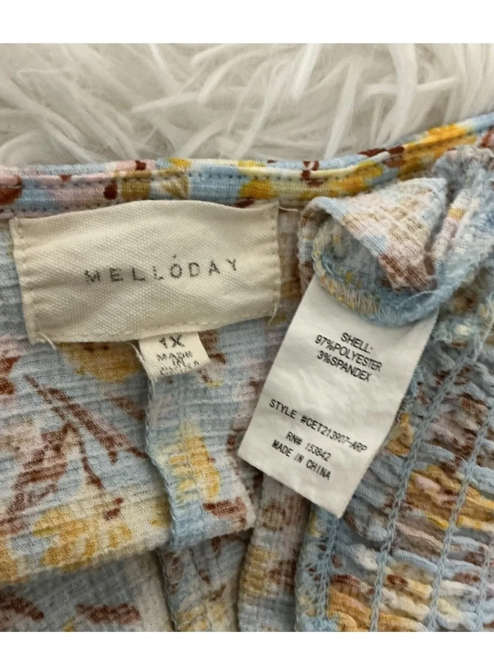 Melloday Floral Wrap Blouse 1X Blue Yellow Smocked Waist Flutter Sleeve - Picture 10 of 13